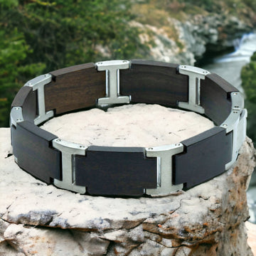 The Eco System (Ebony / Stainless Steel) - Wooden bracelet + Text Engraving