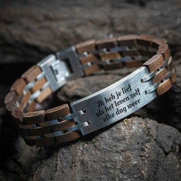 „Eigenes Gedicht auf Armbandgravur“ – Breites Holzarmband aus Edelstahl
