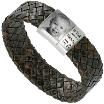 Baby Fotoarmband met eigen afbeelding - bruine Gevlochten leren Armband met Foto gravure
