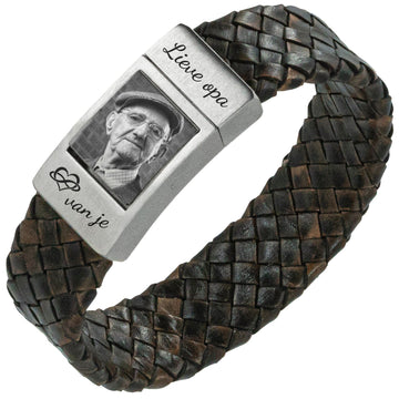 Fotoarmband Heren Gevlochten bruin leer - Eigen Foto op armband