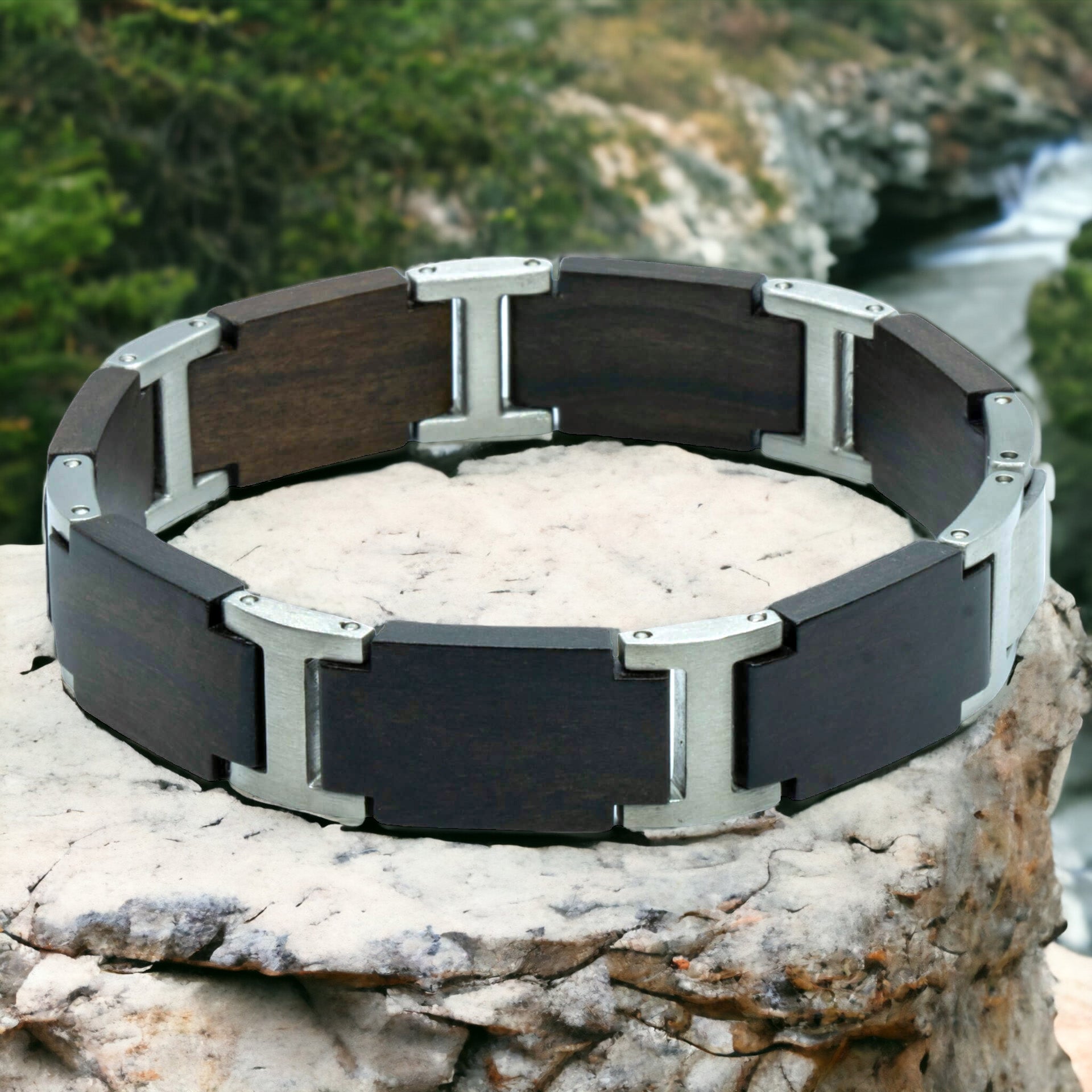 The Eco System (Ebony / Stainless Steel) - Wooden bracelet + Text Engraving