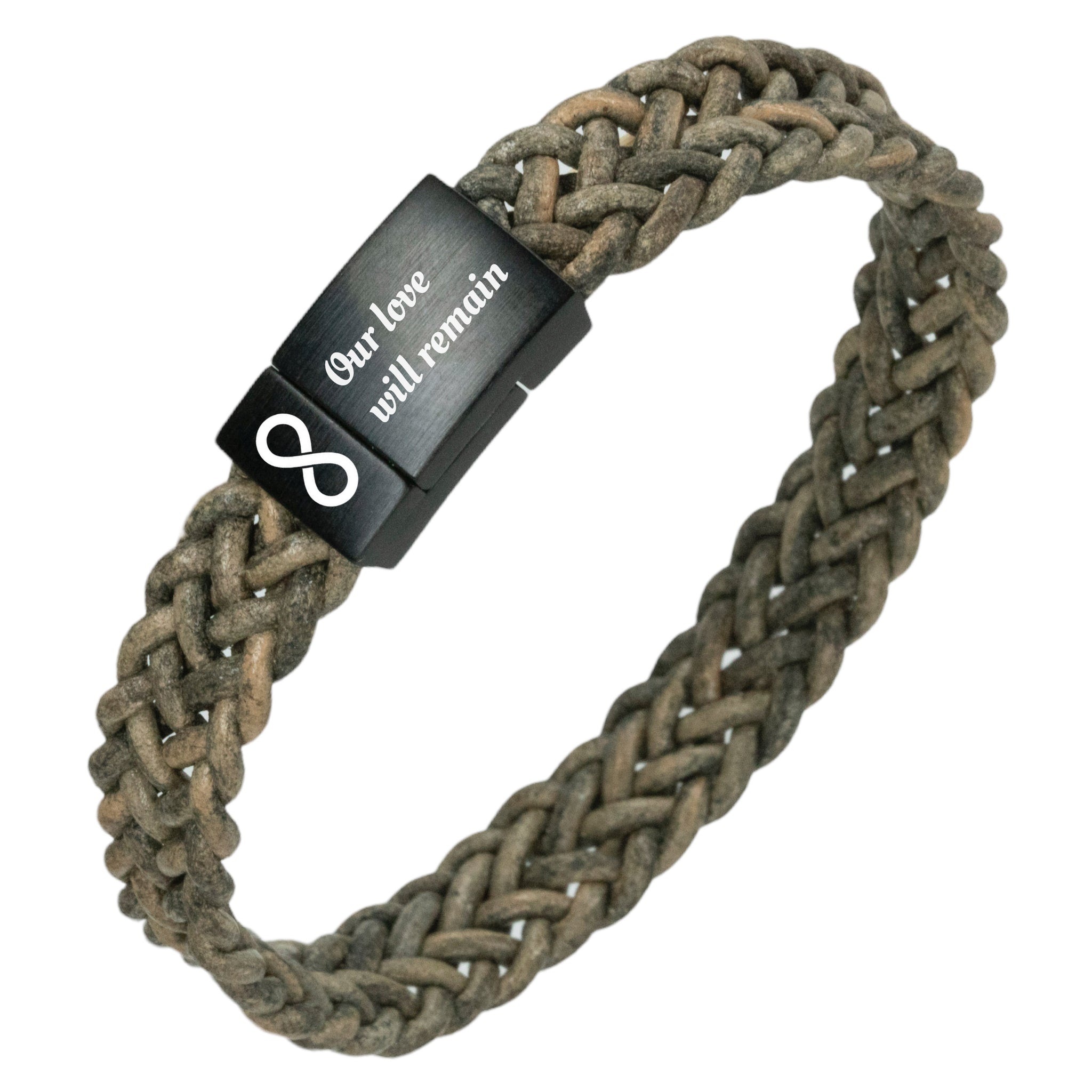 Black Stainless Steel Bracelet with engraving - braided leather
