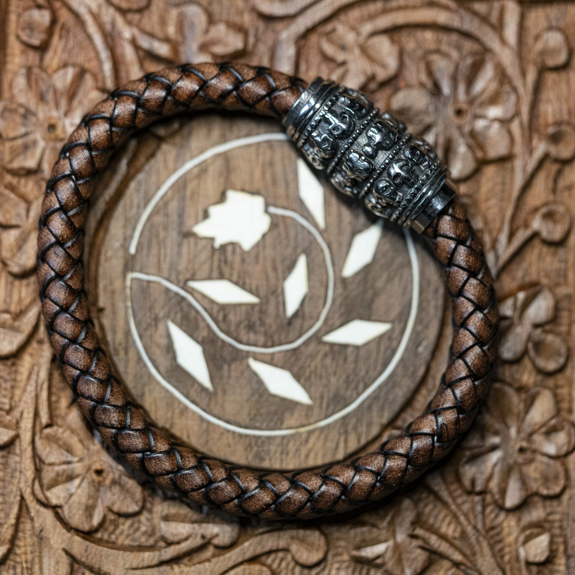 Viking geweven leren Armband - Skulls (schedels) 8mm