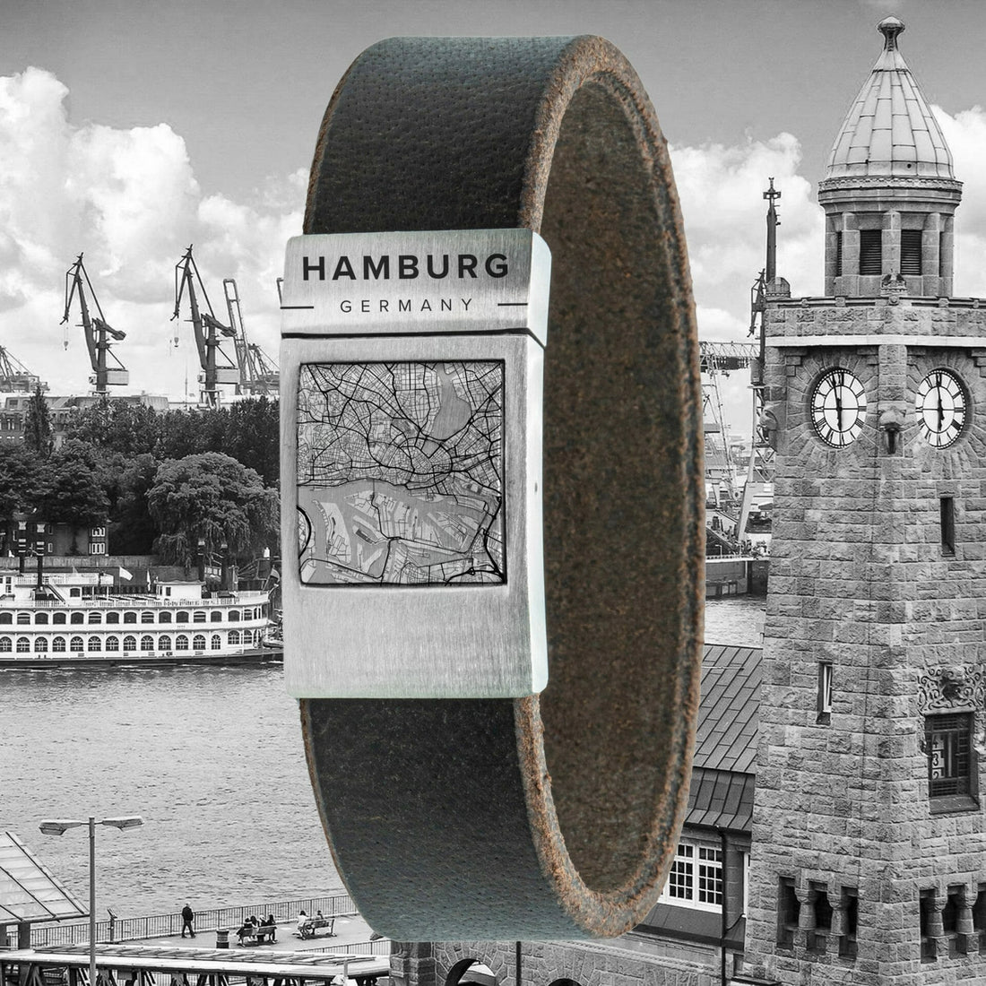 Kaartarmband <b>bruin</b> leer met eigen stad