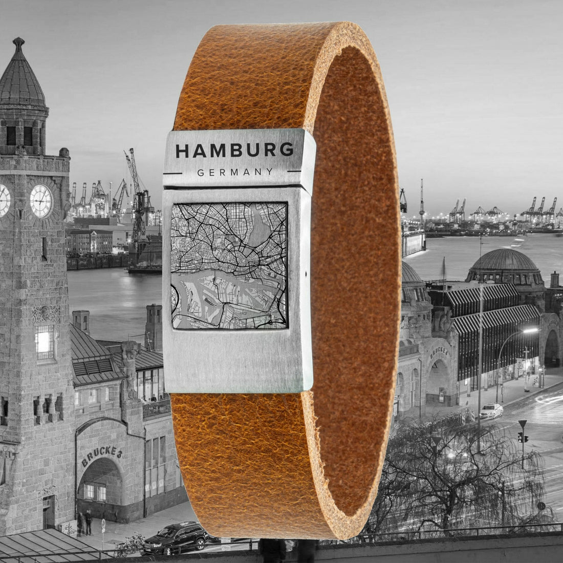 Kaartarmband <b>Cognac</b> leer met eigen woonplaats