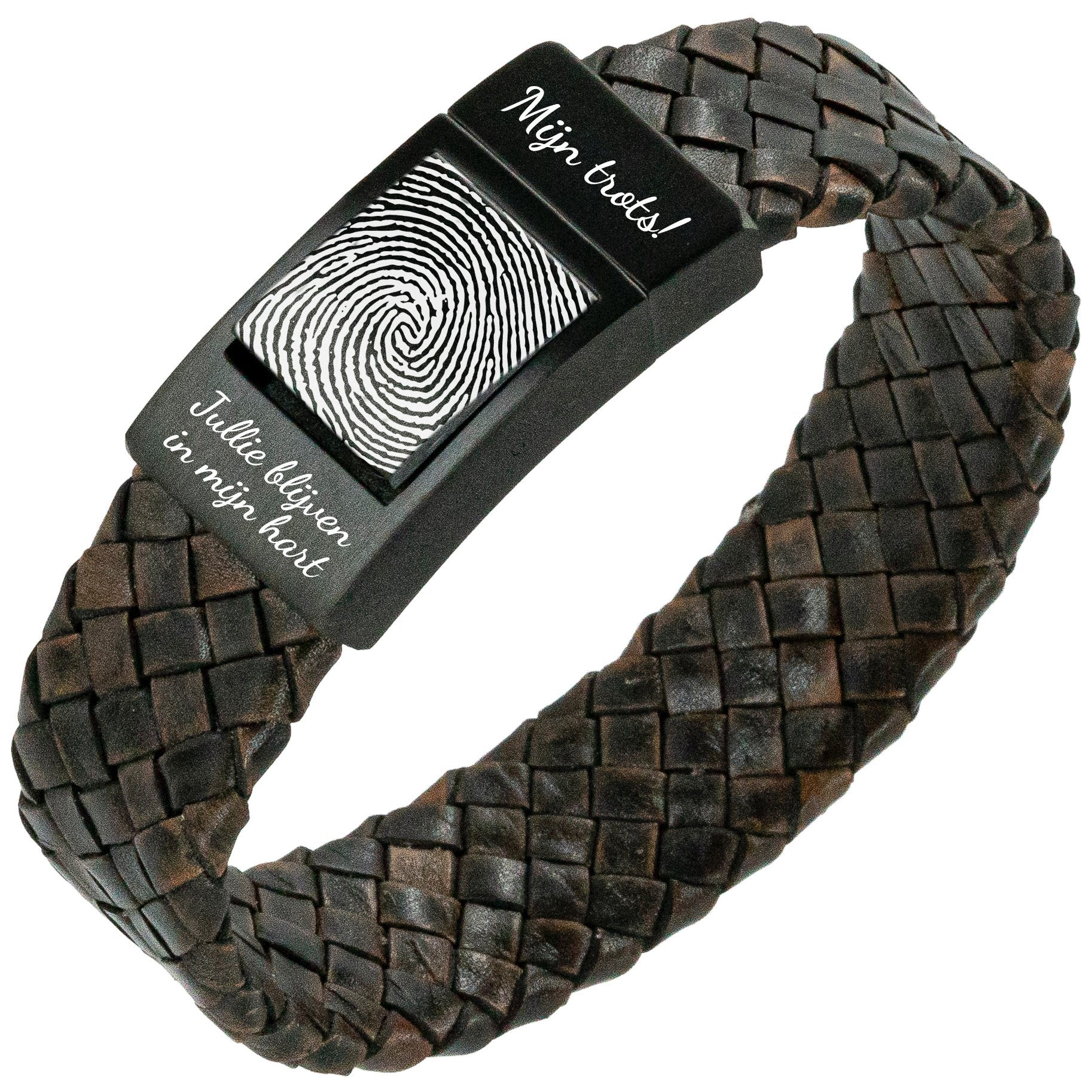 Vingerafdruk armband - <b>Bruin gevlochten</b> leer met Zwarte schakel