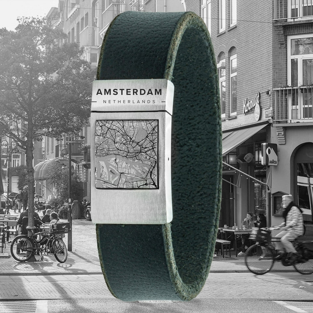 Kaart (Hamburg) op armband - Zwart leer met je eigen dorp