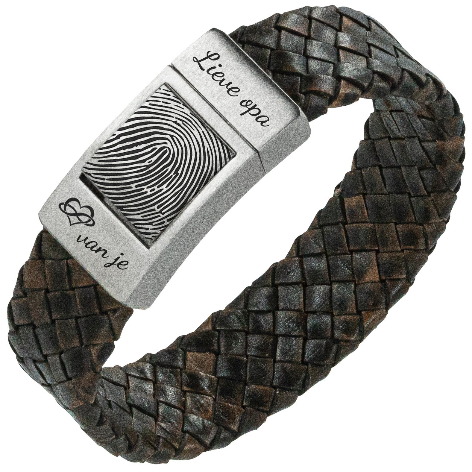 'Dear Grandpa' Fingerprint bracelet - Brown braided leather